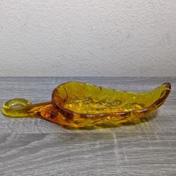 Amber Art Glass Leaf Bowl Ash Tray Orange Yellow