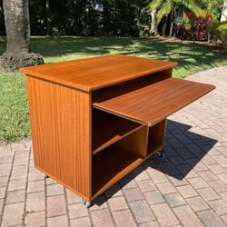 Danish Solid Teak Rolling Computer Desk Cart On Heavy Duty Wheels 