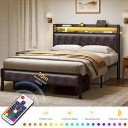 🔥🔥LED Platform Bed Frame QUEEN Size w/ Storage Headboard Charging Station, Dark Brown