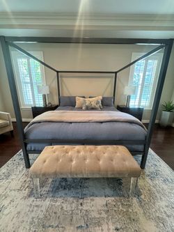 Black Metal Four-Poster Canopy Bed Frame + Mattress