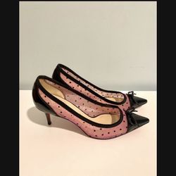 Authentic Louboutin Pink Lace Black Patent Leather Kitten Heel Pumps Shoes 