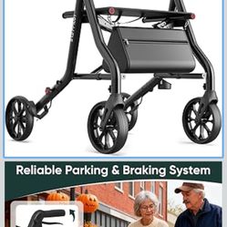 Titan Foldable Rollator Walkers with Seat, 7-Level Adjustable Handles Height, Reliable Parking & Braking System, Easy to Assemble and Use with Cane Ho