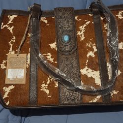 Tony Lama Western Womens Leather Tote Bag Hair On Turquoise Concho Scroll