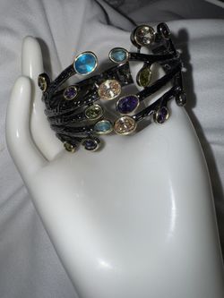 Vintage Gemstone Tree Hinged Cuff Bracelet 