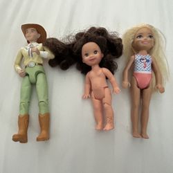 Bundle Of 3 Dolls - Mattel Barbie Chelsea, Loving Family Cowgirl, Barbie Kelly
