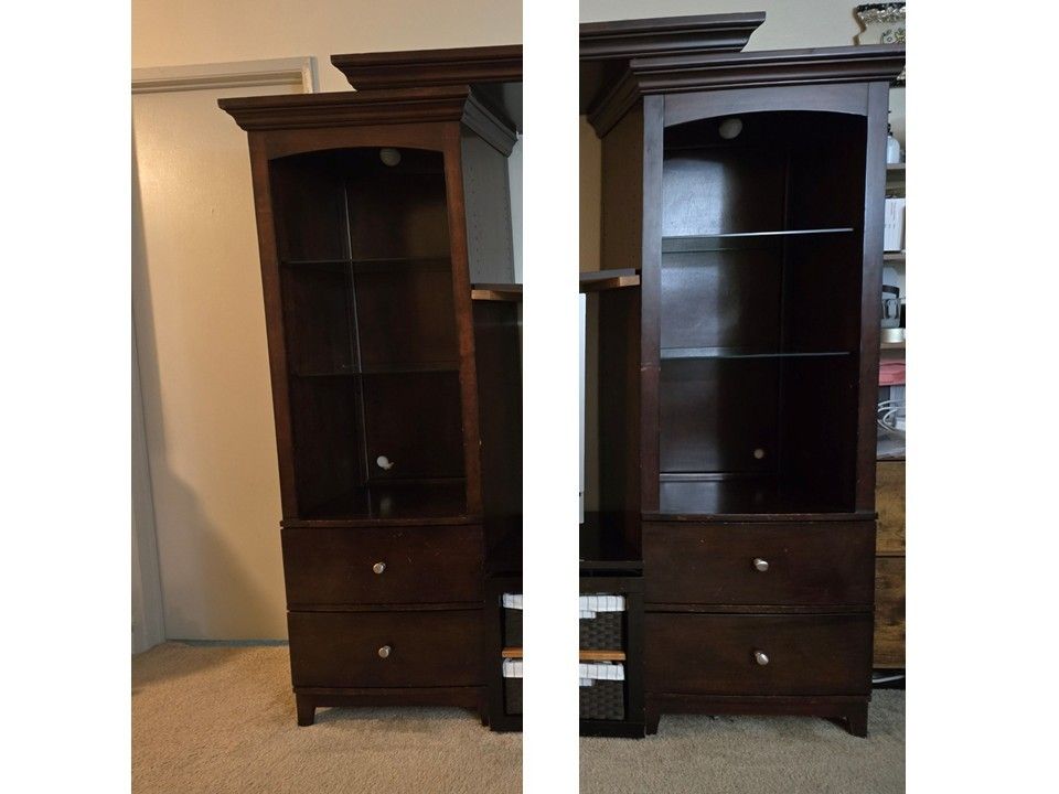 Large Bookcase Shelf Tower With Drawers - Solid Wood - Dark Brown