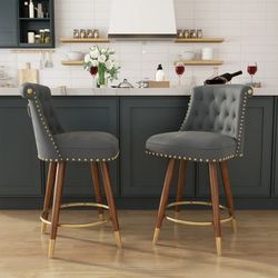HomeZeer 24" Counter Height Bar Stools, Swivel Low Back Kitchen Barstool, Velvet Upholstered Square Seat Bar Chair with Wood Legs, Grey (Set of 2)