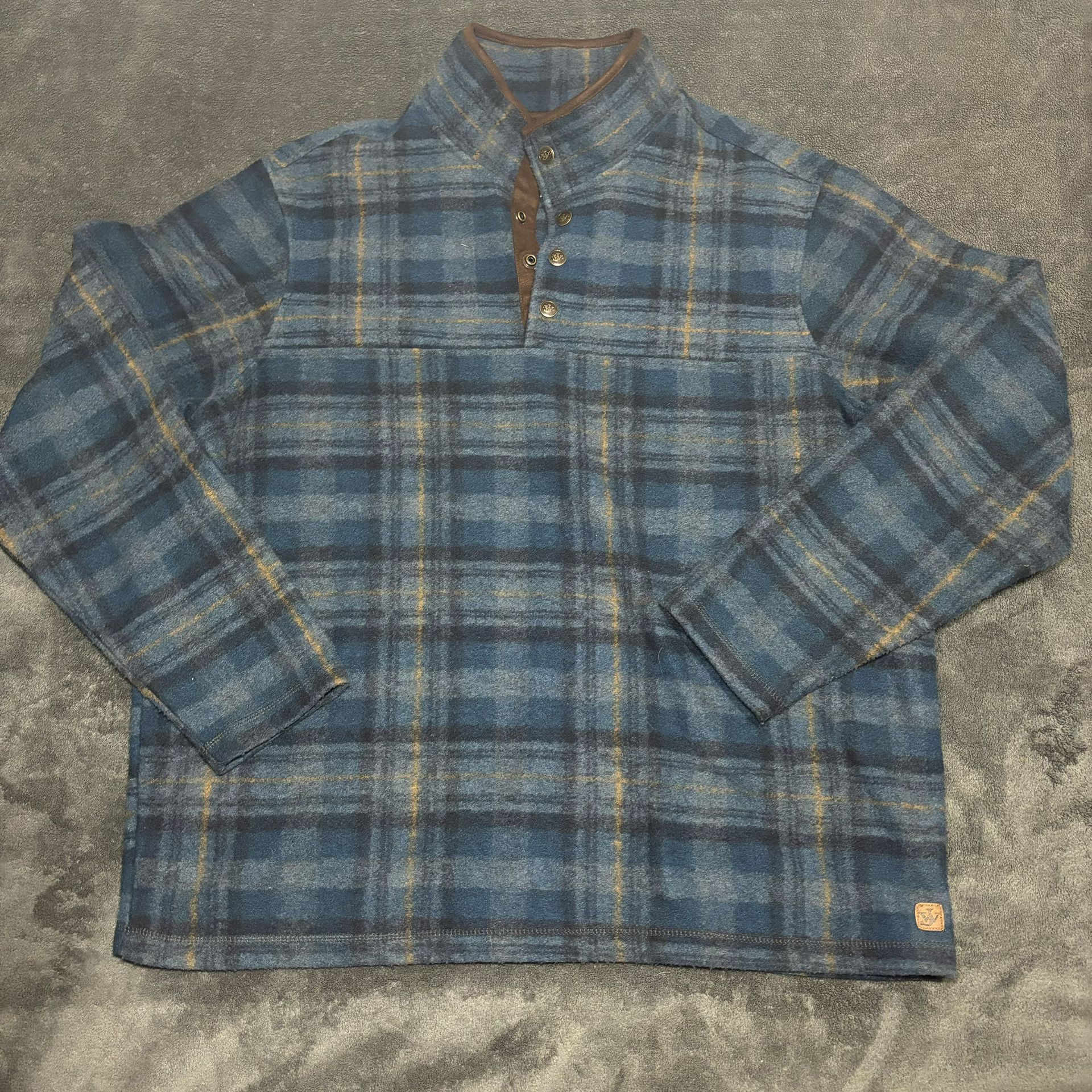 John Wayne Wooly Fleece Mens Medium Blue Plaid Pullover Shirt 1/4 Snap Button