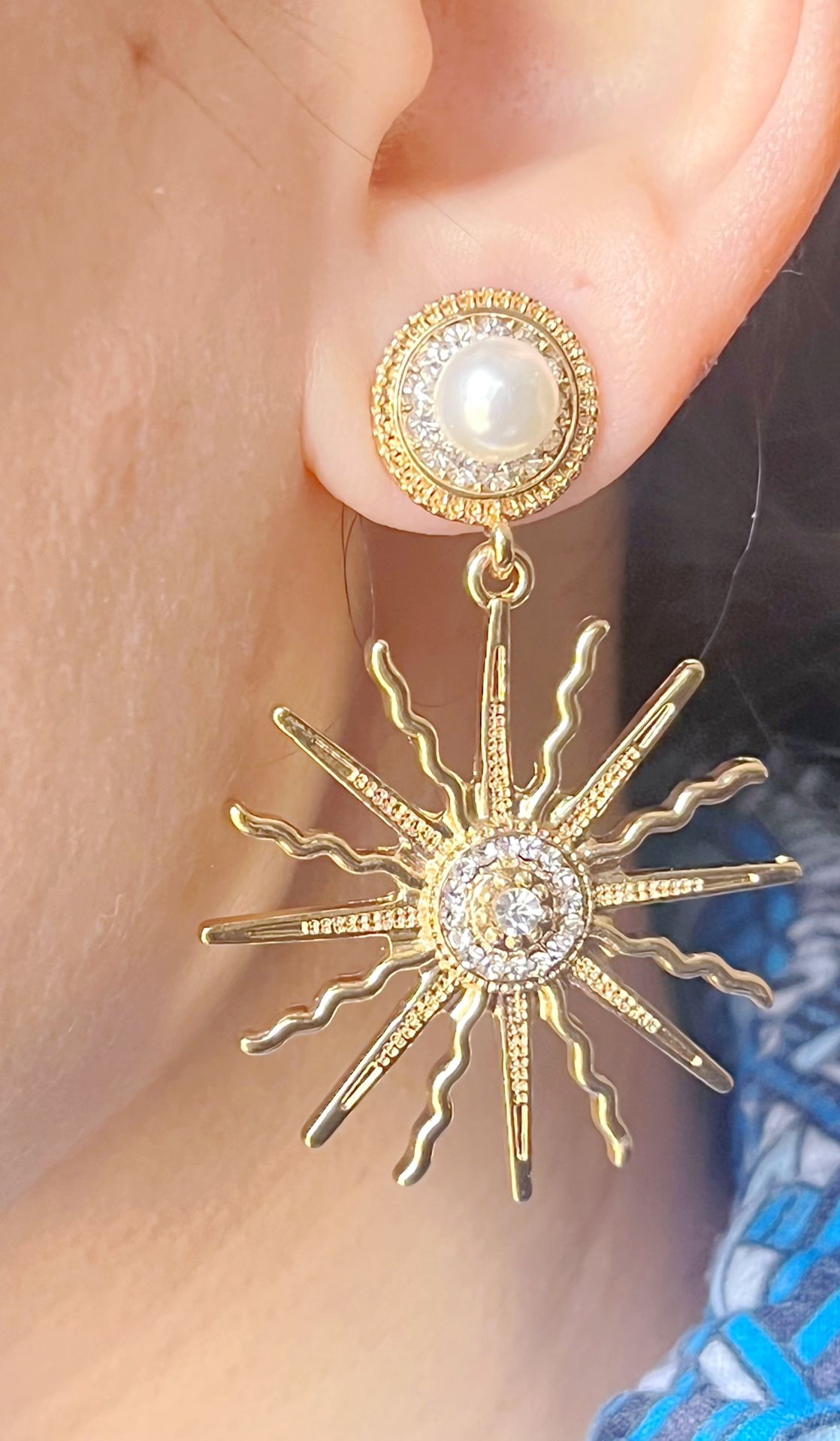 Dramatic Renaissance Earrings Vintage Long Dangle Flower Sun-shaped CZ Classic 