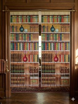 2 Vintage Style Hand Painted Bookcase Bamboo Beaded Curtains - 125 Strands