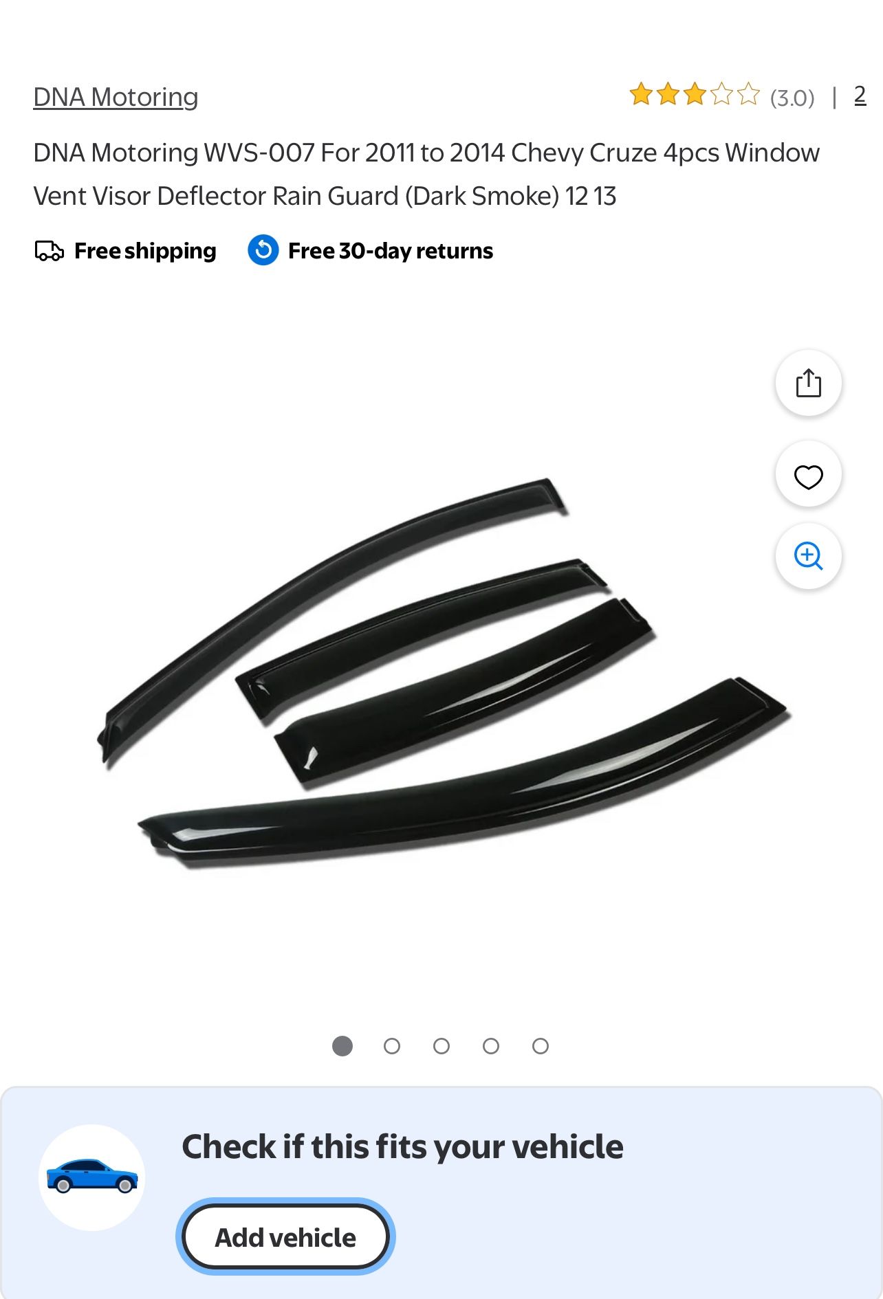 DNA Motoring WVS-007 For 2011 to 2014 Chevy Cruze 4pcs Window Vent Visor Deflector Rain Guard (Dark Smoke)  12 13 