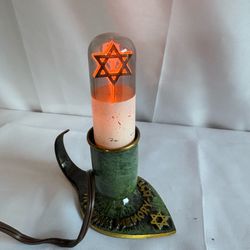 Vintage Signed Dayagi Judaica Electric Yahrzeit Lamp, Memorial Light, Star Of David Bulb, Brass, Made In Israel
