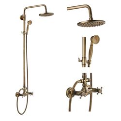gotonovo Exposed Bathroom Shower Faucet Set Shower Fixture 8 Inch Rainfall Shower Head Handheld Shower Cross Handle Wall Mount 2 Functions Antique Bra