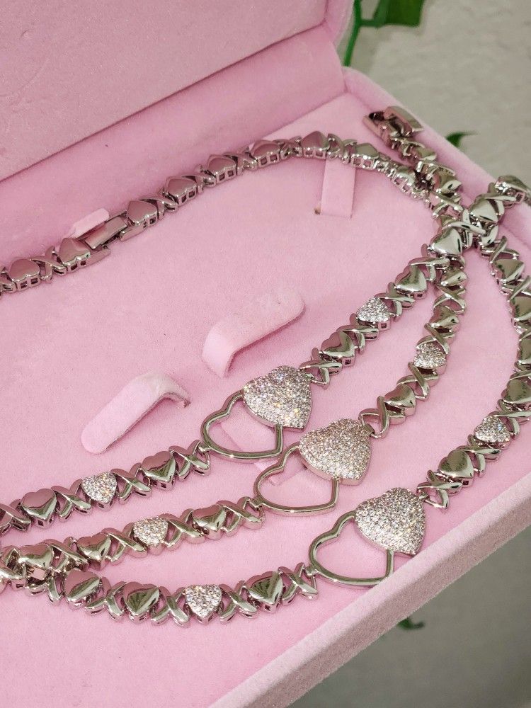 Silver Tone Xoxo Choker Necklace, Bracelet And Anklet Sets