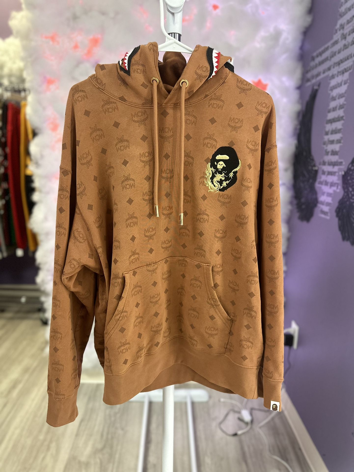 Bape x MCM Shark Pullover Hoodie Brown
