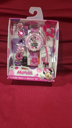 Disney Minnie Mouse Girls Flashing LCD Pink Ombre Silicone Watch, Bracelet and Hair Accessory 3 Piece Set