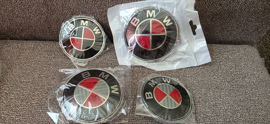 BMW Red and black carbon 82mm hood or 74mm trunk badges 30 each SHIPPING AVAILABLE
