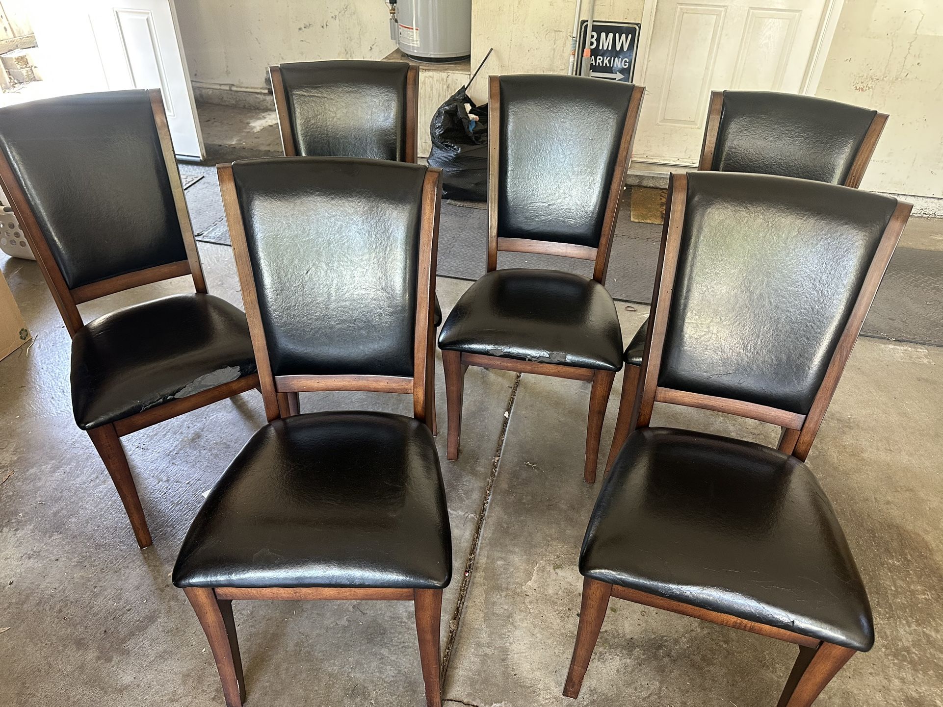 Set of 6 High Back Dining Room Chairs Wood and Vinyl