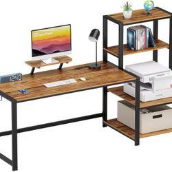New GreenForest Computer Desk 67 inch with Printer Shelf, Reversible Office Desk W/ Monitor Stand and 2 Hooks, Home Desk Workstation for Study Writing