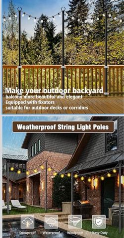10Ft String Light Poles 4 Pack,Light Poles for Outside Lights,Outdoor with Fence Brackets Hanging Lights,Metal Stand Deck Patio Backyard