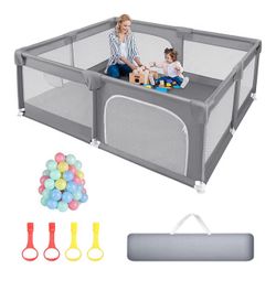 Baby Playpen 79x71 inch Extra Large Playpen with Carry Bag, 50 Ocean Balls, 4 Pull Rings