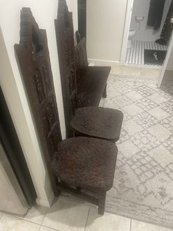 Antique furniture, high chairs, and bench