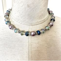 Silver Tone Crystal And Faux Pearl Necklace 