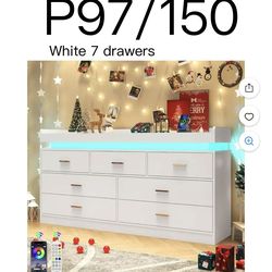 P97🔥White Dresser with LED Light and Charging Station, Modern Wood Dresser with Wide Drawers and Metal Handles, 7 drawer dresser for Bedroom, Living 