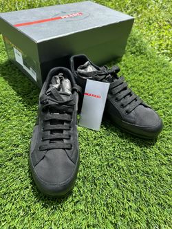 Prada Sneakers Shoes 4E3231 Black Leather New Linea Rossa US Size 7