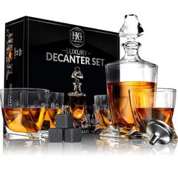 Whiskey Decanter Set for Men with 4 Drinking Glasses and 9 Whisky Stones for Cognac, Bourbon, Rum, Scotch, Liquor Crystal Clear Decanter Sets - House 