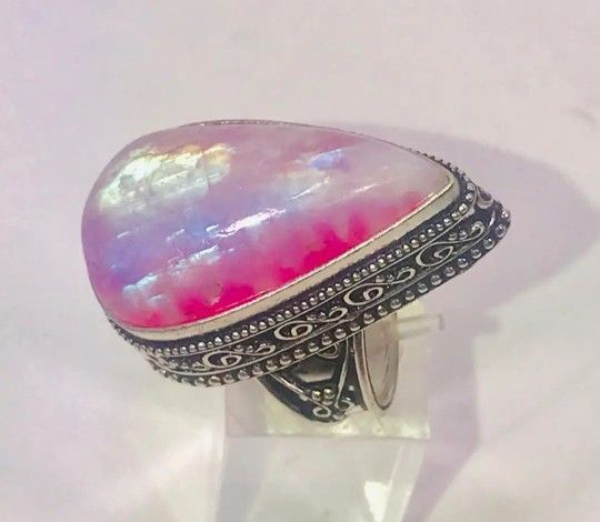 Natural Fiery Pink Rainbow Moonstone Huge Teardrop Ring Size 7 NEW!