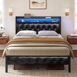 Queen Bed Frame with Storage Headboard & Footboard Upholstered Platform Bed with LED Lights USB Ports & Outlets No Box Spring Needed