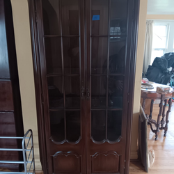 Glass door dark wood curio display cabinet