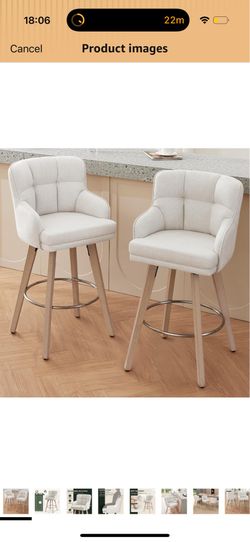 360°Swivel Counter Height Bar Stools with Back, 30 inch Solid Wood Legs, Bar Stool Modern Kitchen Island Chairs, Fabric (Beige- Fabric, 30" H- Set of 