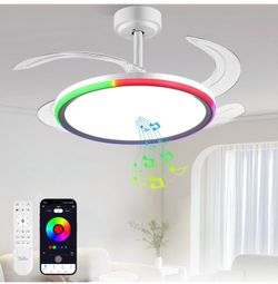 BAYSQUIRREL Slim RGB Retractable Ceiling Fan with Light and APP/Remote Control, 42inch Modern Smart Ceiling Fan with Bluetooth Speaker, Dimmable Full 