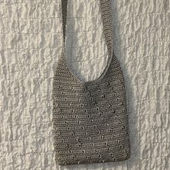 Crocheted Bag: Grey With Silver Threads, Fully Lined, Interior Zippered Pocket 