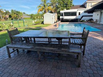 Outdoor Wood Patio Dining Table and Bench Set