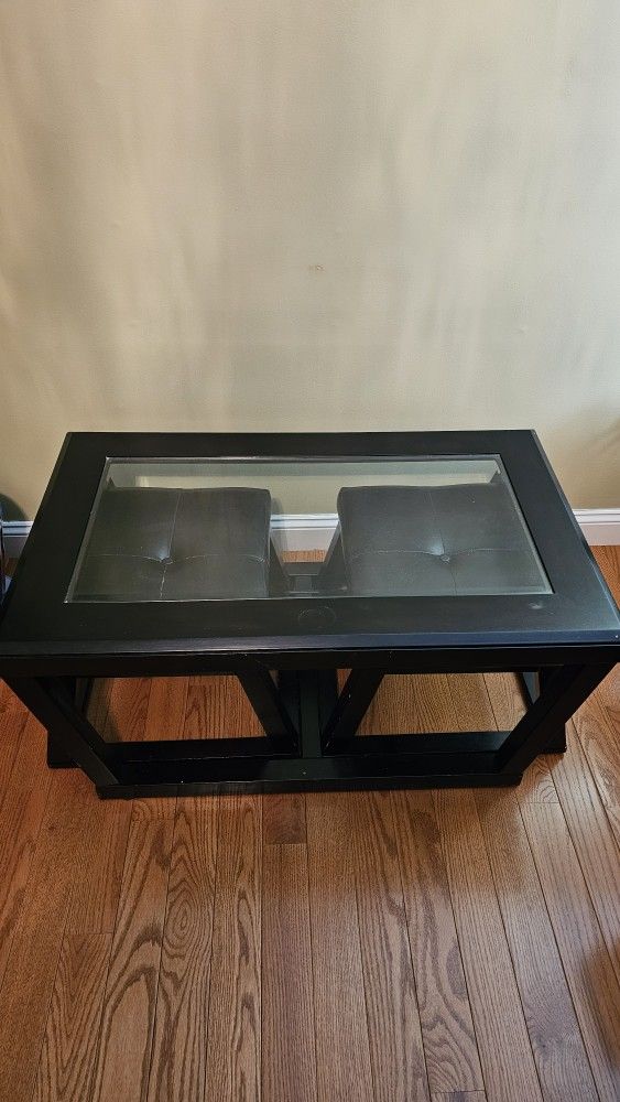 Contemporary Coffee Table with 2 Upholstered Nesting Stools, Dark Brown