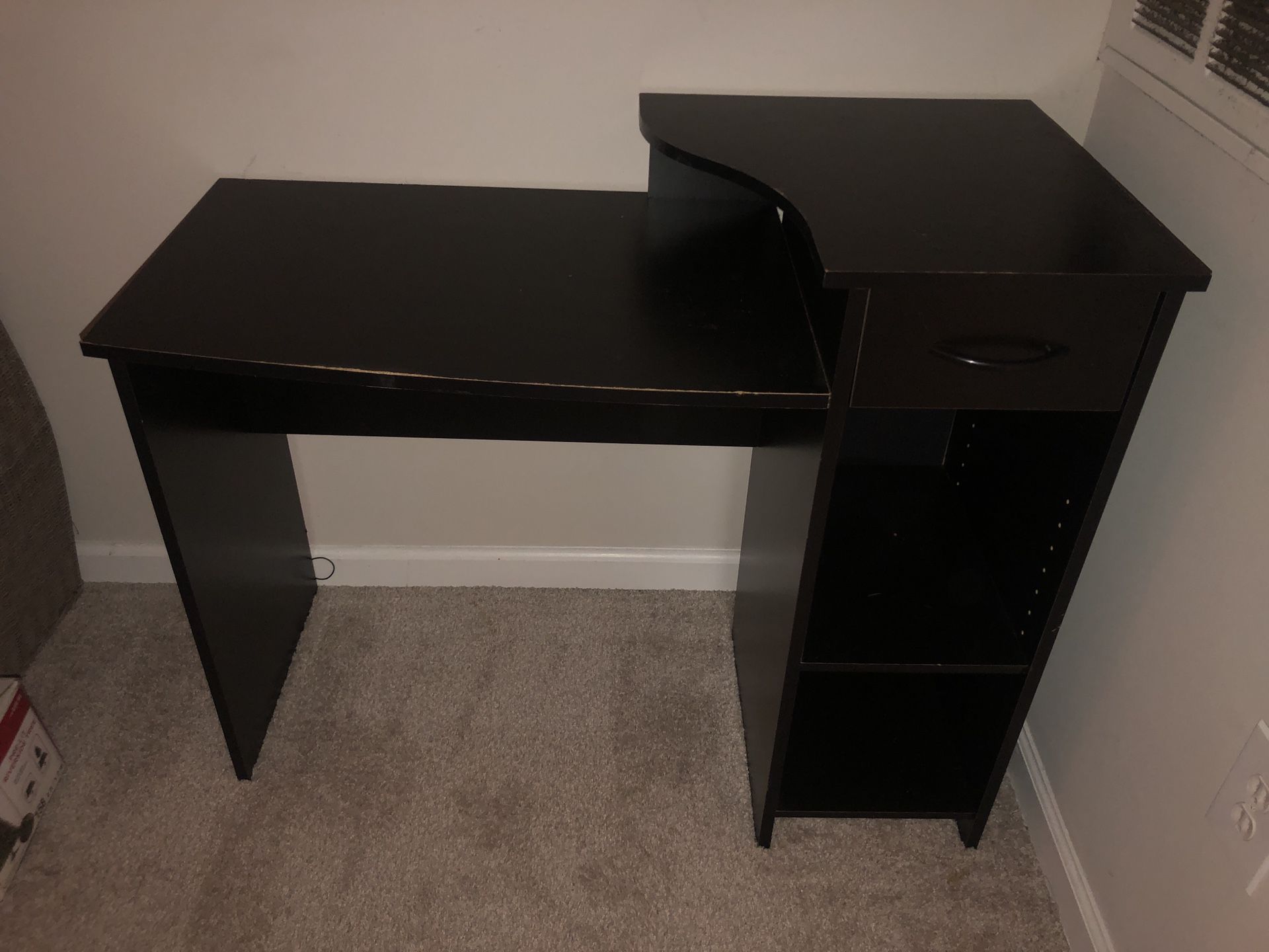 Black desk with drawer + shelf space