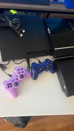 ⚫🎮 Playstation 3 Console PS3 Gift Bundle 2 PURPLE + BLUE wireless controllers 2 player Fun Multiplayer