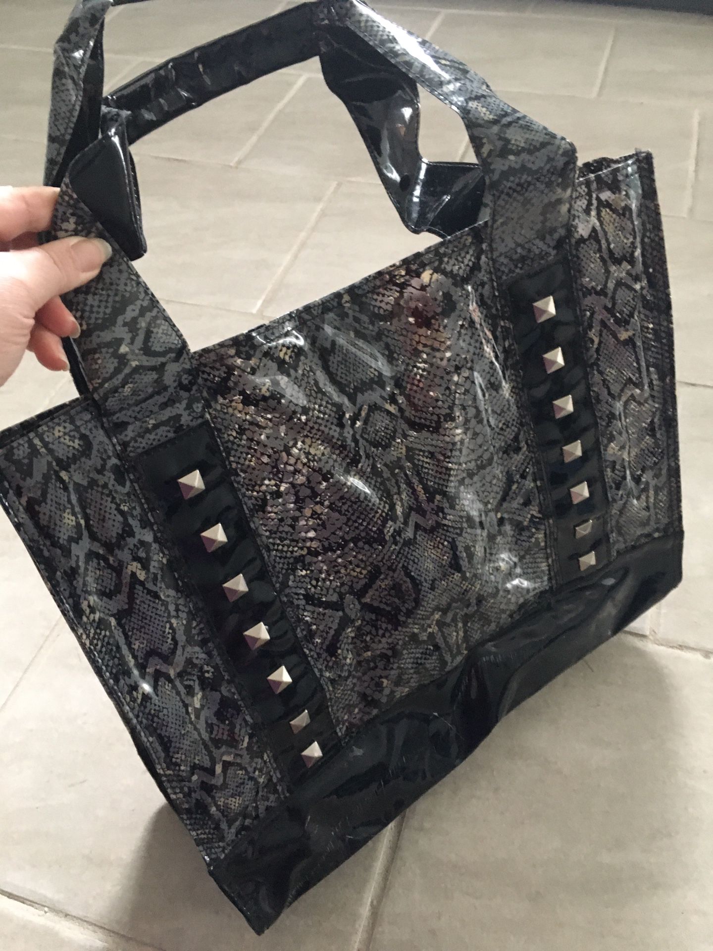 Cute heavy plastic metal studded sturdy handle bag purse