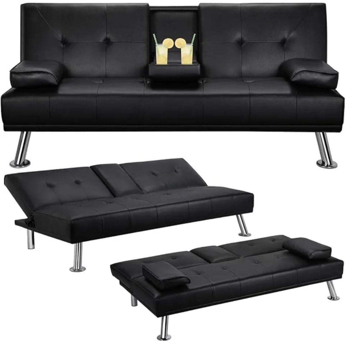 Modern Faux Leather Sofa Bed Convertible Folding Futon With Armrest 