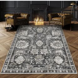 5x7 Area Rug Vintage Tribal Area Rug for Living Room, Grey Low Pile Washable 