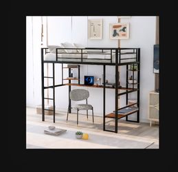 Metal Loft Bed with Desk and Shelves