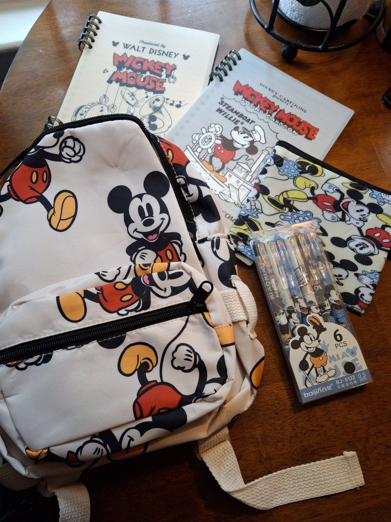 Disney Mickey Mouse Backpack Set Pens Notebooks Fanny Pack NEW