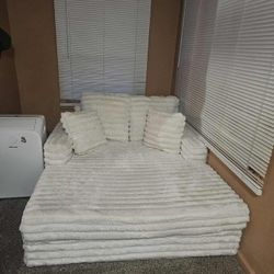 VanAcc 58 Inch Chaise Lounge Indoor, Upholstered Sofa Bed with Throw Pillows and Armrests, Sleeper Chair- Plush Chair Bed for Living Room, Off-White