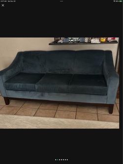 Best home furnishings Blue Velvet 3-Seat Sofa with Wood Legs
