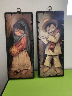 Pair of Vintage MCM 1960s Ozz Franca "Big Eyes" Lacquered Wood Wall Art