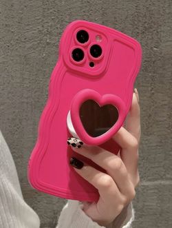 Pink Phone Case with Heart Shaped Mirror PopSocket Grip Iphone 13 Pro Max