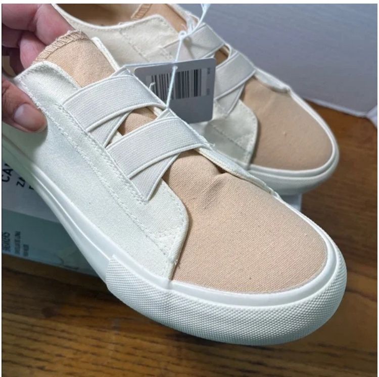 NEW Serra Ladies Canvas Sneakers Beige Cream Bronze Casual Slip on Shoes Size 8